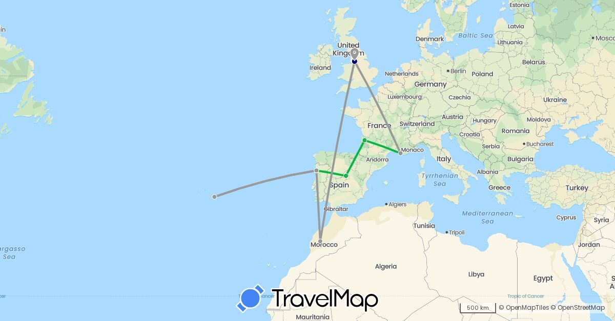 TravelMap itinerary: driving, bus, plane in Spain, France, United Kingdom, Morocco, Portugal (Africa, Europe)
